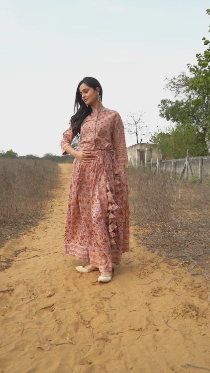 Beige Hand Block Print Cotton Skirt and Top Set